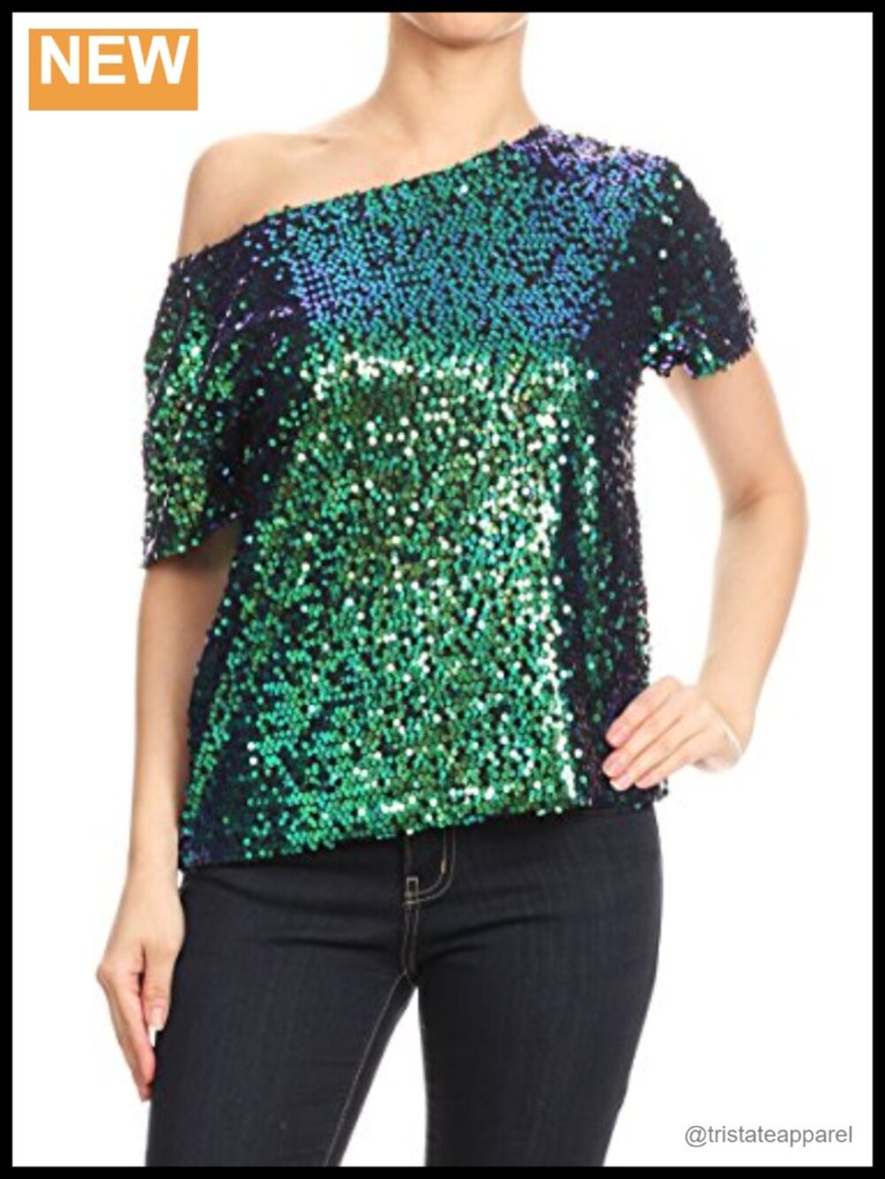 Sequin One Shoulder Blouse Sparkly Party Top Short Sleeve